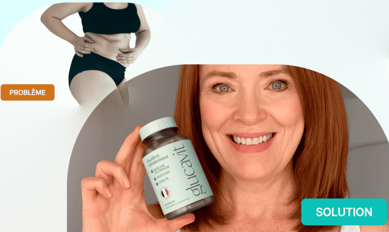 Cliente satisfaite tenant un flacon de Glucavit, profitant de l'offre spéciale